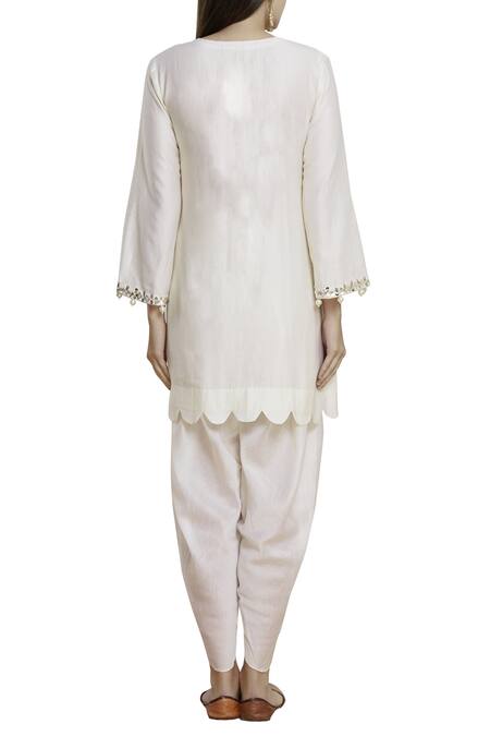 Shop Seema Nanda Off White Chanderi Silk V Neck Kurta Dhoti Pant Set at Aza Fashions Shop_Seema Nanda_Off White Chanderi Silk V Neck Kurta Dhoti Pant Set _at_Aza_Fashions