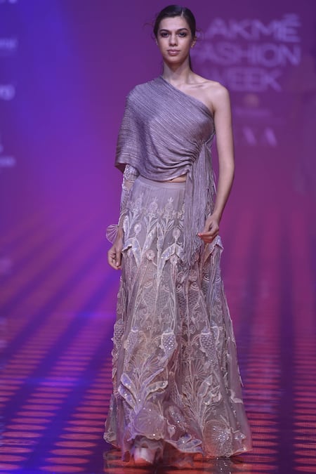 Abhishek Sharma_Grey Silk Organza Asymmetric Embroidered Bridal Lehenga Set_Online_at_Aza_Fashions