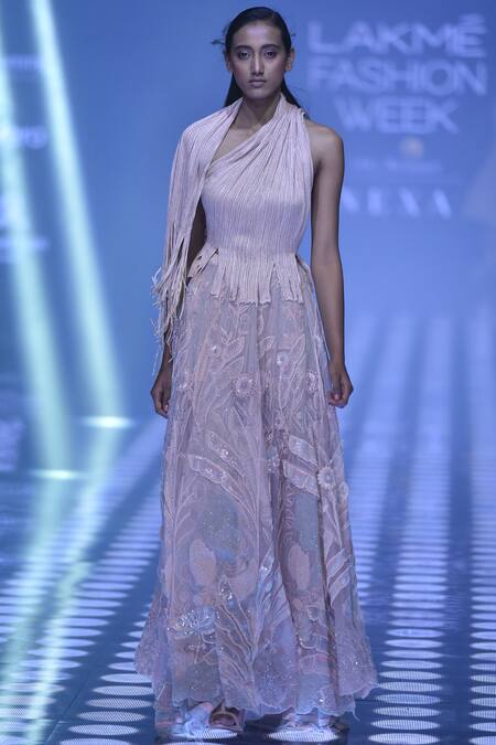 Abhishek Sharma_Beige Silk Organza, Yarn Embellished Bridal Lehenga Set_Online_at_Aza_Fashions