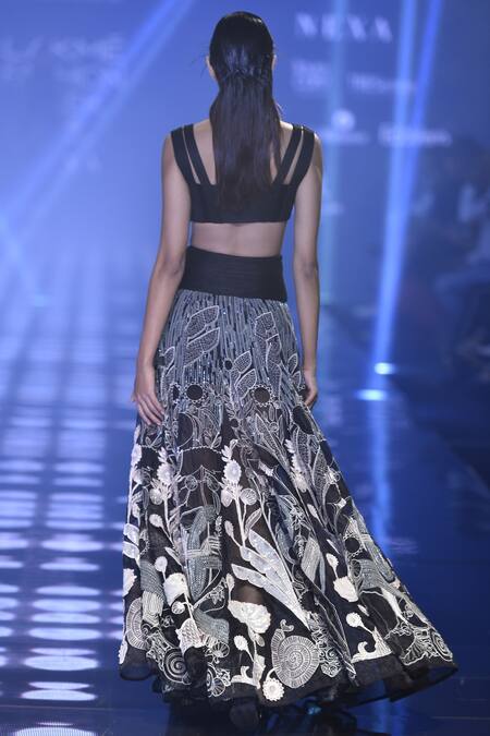 Shop_Abhishek Sharma_Black Silk Organza Square Neck Embroidered Bridal Lehenga Set _at_Aza_Fashions