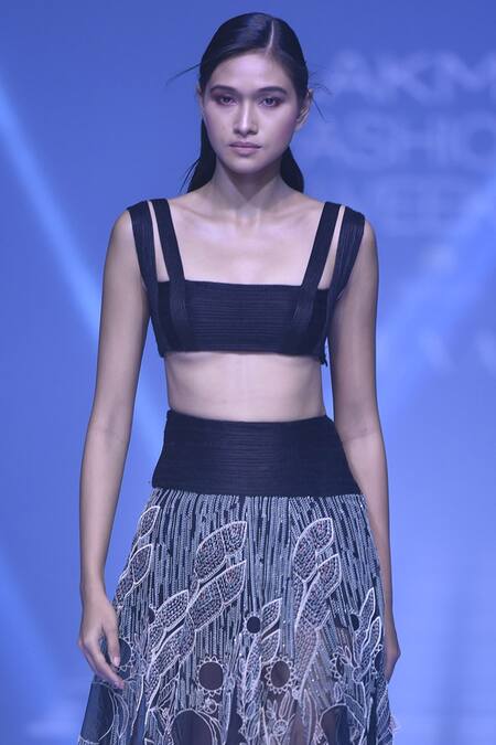 Abhishek Sharma_Black Silk Organza Square Neck Embroidered Bridal Lehenga Set _Online_at_Aza_Fashions
