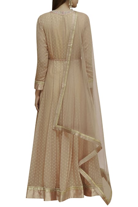 Shop Shyam Narayan Prasad Beige Dupion Silk Round Embroidered Anarkali Set at Aza Fashions Shop_Shyam Narayan Prasad_Beige Dupion Silk Round Embroidered Anarkali Set _at_Aza_Fashions