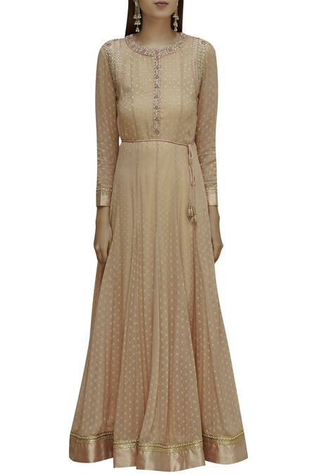 Shyam Narayan Prasad Beige Dupion Silk Round Embroidered Anarkali Set Online at Aza Fashions Shyam Narayan Prasad_Beige Dupion Silk Round Embroidered Anarkali Set _Online_at_Aza_Fashions