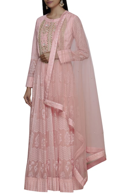 Shyam Narayan Prasad_Pink Georgette, Cotton Satin Round Embroidered Anarkali Set _Online_at_Aza_Fashions