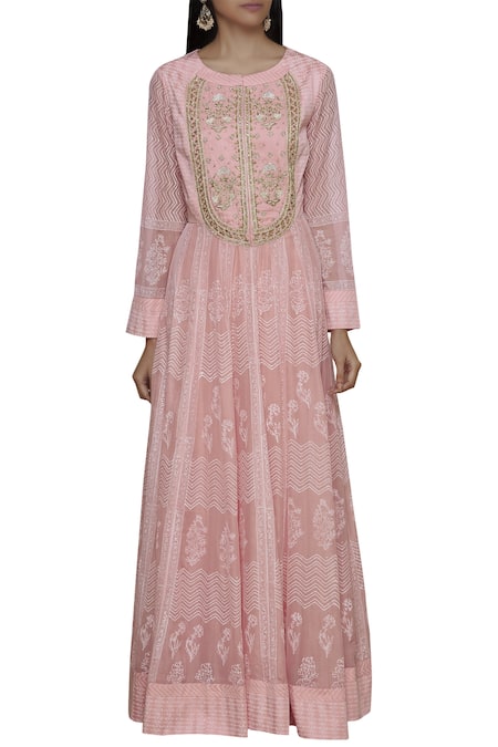 Buy_Shyam Narayan Prasad_Pink Georgette, Cotton Satin Round Embroidered Anarkali Set _Online_at_Aza_Fashions