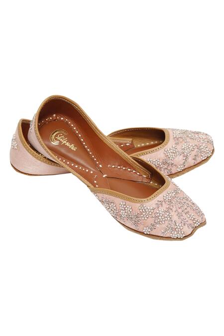 Shilpsutra_Pink Embroidery, Pearls Embellished Silk Juttis _Online_at_Aza_Fashions