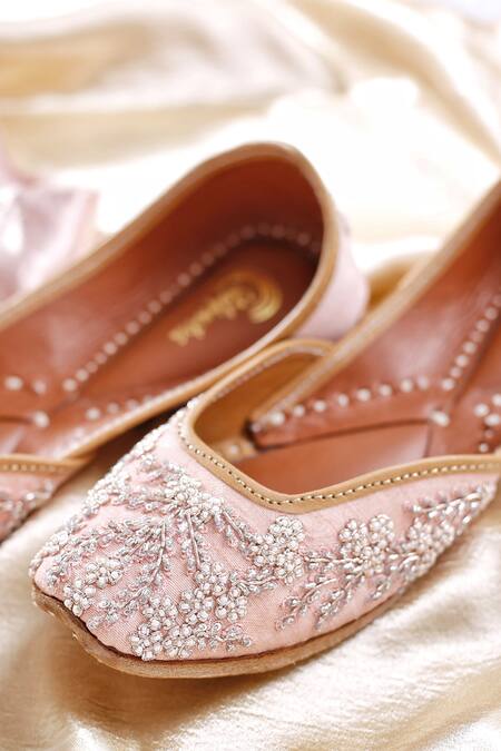 Buy_Shilpsutra_Pink Embroidery, Pearls Embellished Silk Juttis _Online_at_Aza_Fashions