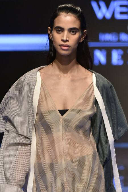 Urvashi Kaur_Teal Open Neck Checkered And Long Jacket _Online_at_Aza_Fashions