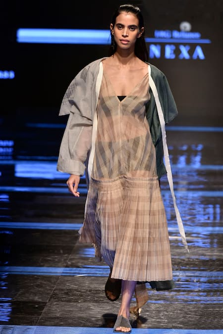 Urvashi Kaur Teal Open Neck Checkered And Long Jacket