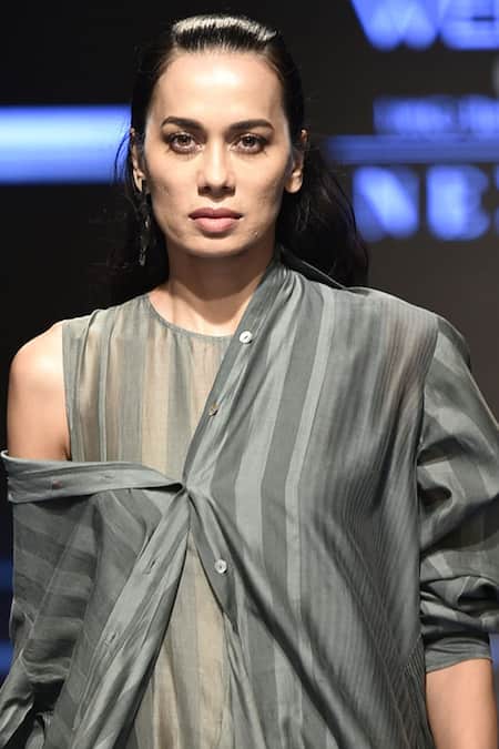 Buy Urvashi Kaur Green Round Neck Striped Sleeveless Gown With Godet Panels Online at Aza Fashions Buy_Urvashi Kaur_Green Round Neck Striped Sleeveless Gown With Godet Panels _Online_at_Aza_Fashions