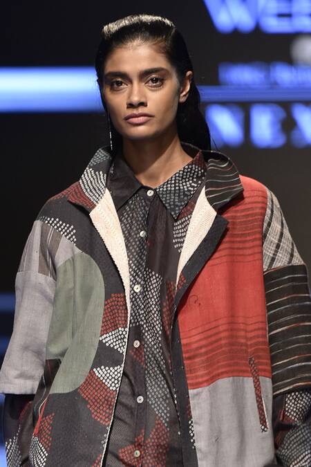 Urvashi Kaur_Red Collared Multi Color Patchwork Notched Lapel Jacket _Online_at_Aza_Fashions