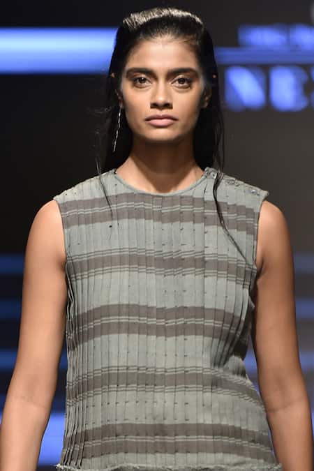 Urvashi Kaur Gray Round Neck Striped Pleated Drop Waist Midi Dress Online at Aza Fashions Urvashi Kaur_Gray Round Neck Striped Pleated Drop Waist Midi Dress _Online_at_Aza_Fashions