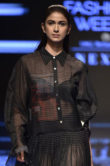 Urvashi Kaur_Black Collared Striped Sheer Button Front Maxi Dress _Online_at_Aza_Fashions