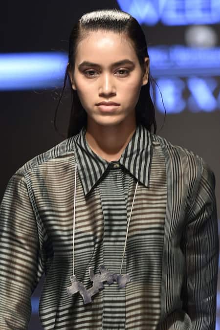 Urvashi Kaur Green Collared Striped Shirt Long Tunic Online at Aza Fashions Urvashi Kaur_Green Collared Striped Shirt Long Tunic _Online_at_Aza_Fashions