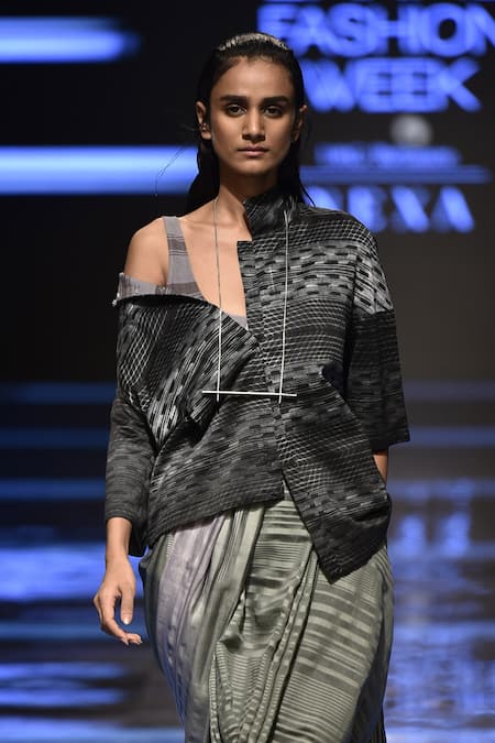 Urvashi Kaur Black Collared Checkered And Striped Half Sleeve Shirt Online at Aza Fashions Urvashi Kaur_Black Collared Checkered And Striped Half Sleeve Shirt _Online_at_Aza_Fashions