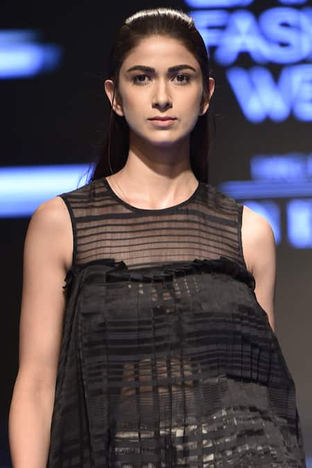 Urvashi Kaur_Black Round Neck Pleated Tunic With Striped Bodice _Online_at_Aza_Fashions