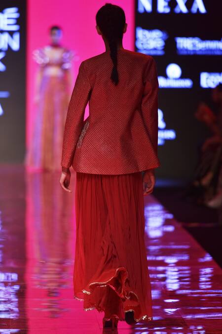 Shop Sva By Sonam & Paras Modi Pink Jacketraw Silkcrop Top Silkpalazzos Georgette Embroidered Pant Set at Aza Fashions Shop_Sva By Sonam & Paras Modi_Pink Jacketraw Silkcrop Top Silkpalazzos Georgette Embroidered Pant Set_at_Aza_Fashions