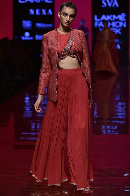 Sva By Sonam & Paras Modi Pink Jacketraw Silkcrop Top Silkpalazzos Georgette Embroidered Pant Set Online at Aza Fashions Sva By Sonam & Paras Modi_Pink Jacketraw Silkcrop Top Silkpalazzos Georgette Embroidered Pant Set_Online_at_Aza_Fashions