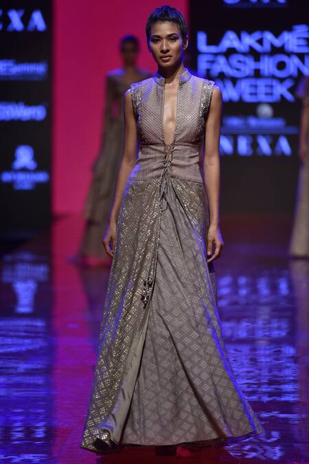 Sva By Sonam & Paras Modi Grey Raw Silk High Neck Collar Chanderi Jacket Lehenga Set