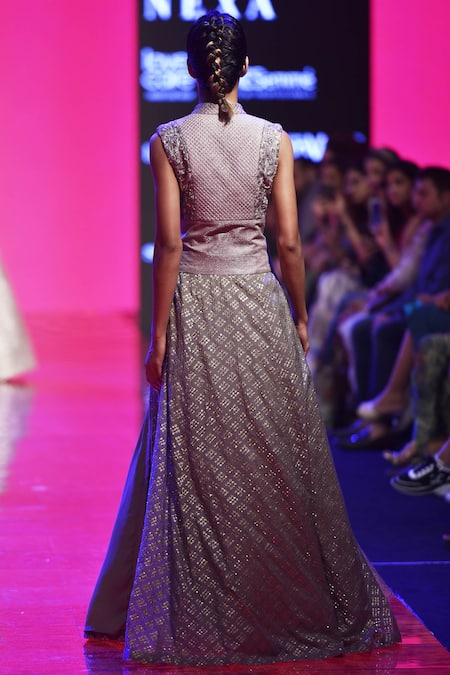 Shop Sva By Sonam & Paras Modi Grey Raw Silk High Neck Collar Chanderi Jacket Lehenga Set at Aza Fashions Shop_Sva By Sonam & Paras Modi_Grey Raw Silk High Neck Collar Chanderi Jacket Lehenga Set_at_Aza_Fashions