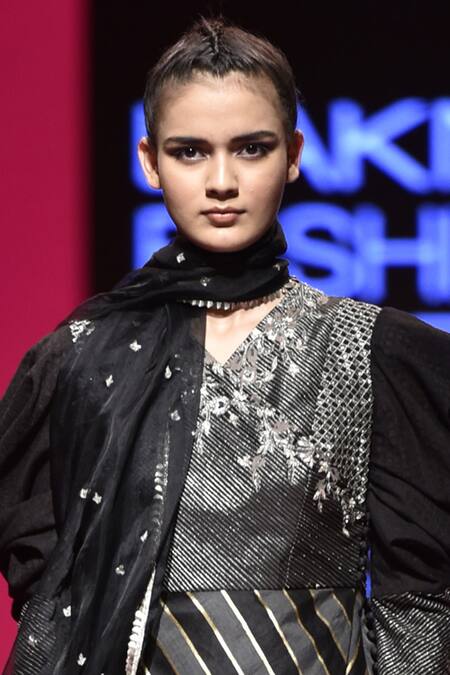 Sva By Sonam & Paras Modi_Black Raw Silk V Neck Chanderi Embellished Anarkali Set_Online_at_Aza_Fashions