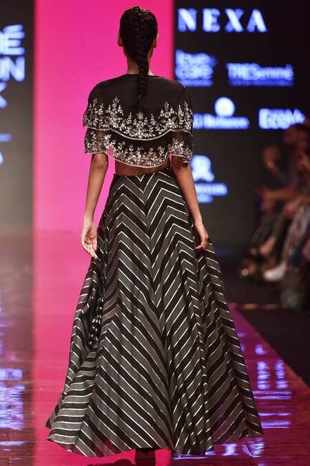 Shop_Sva By Sonam & Paras Modi_Black Blouse Silk And Organzalehenga Chanderi V Neck Embroidered Lehenga Set_at_Aza_Fashions