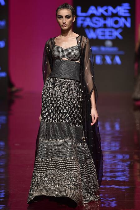 Sva By Sonam & Paras Modi Black Raw Silk Bustier Sweetheart Neck Embroidered Cape Lehenga Set