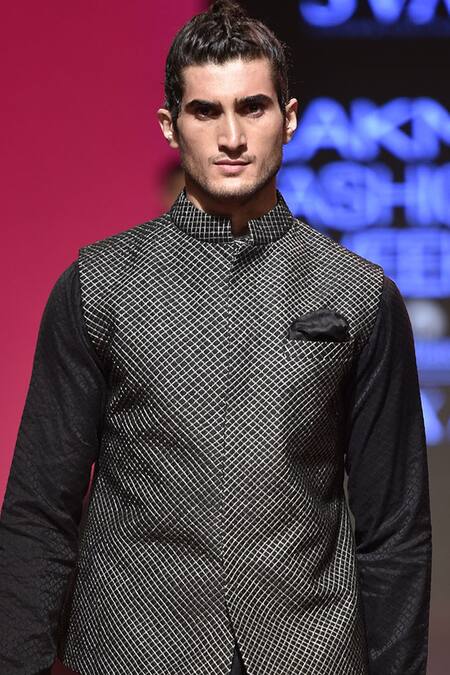 Sva By Sonam & Paras Modi_Black Raw Silk Textured Bundi_Online_at_Aza_Fashions