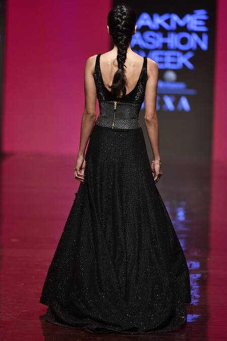 Shop_Sva By Sonam & Paras Modi_Black Raw Silk V Neck Embellished Lehenga Set_at_Aza_Fashions