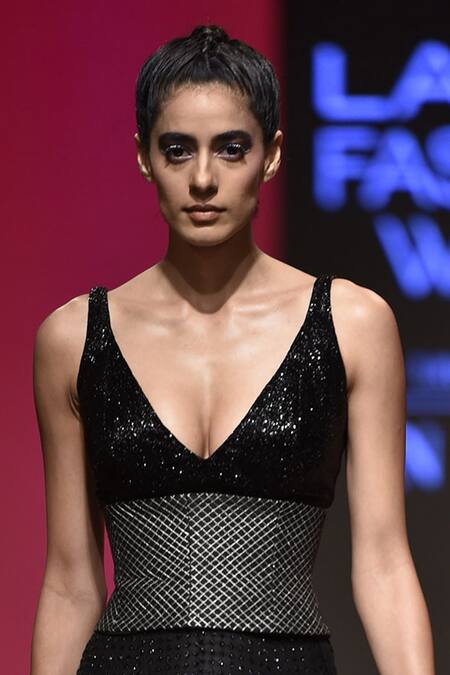 Sva By Sonam & Paras Modi_Black Raw Silk V Neck Embellished Lehenga Set_Online_at_Aza_Fashions