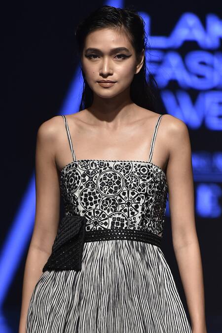 Punit Balana_Black Satin Silk Square Neck Striped Gown _Online_at_Aza_Fashions