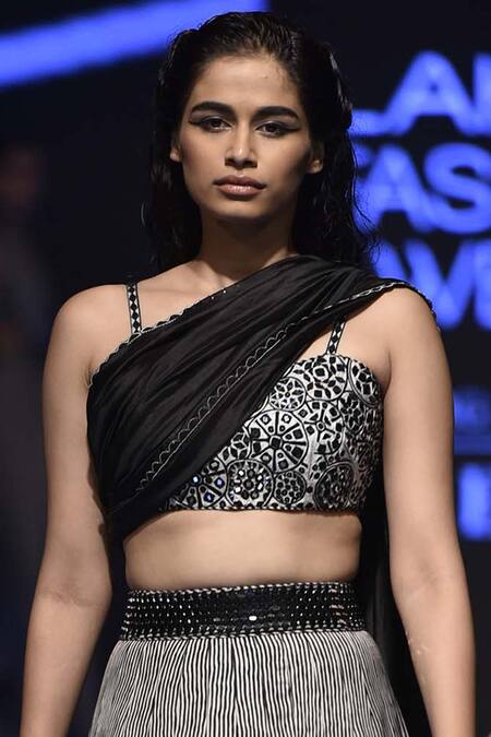 Punit Balana_Black Satin Silk Square Neck Mirror Work Lehenga Set _Online_at_Aza_Fashions