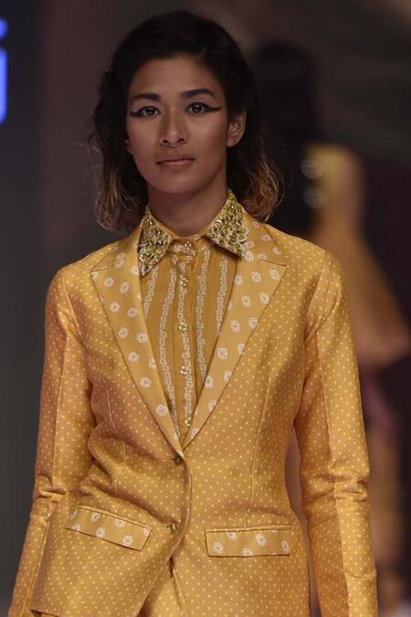 Punit Balana_Yellow Chanderi Shirt Spread Collarblazer Lapel Collar Blazer Skirt Set _Online_at_Aza_Fashions
