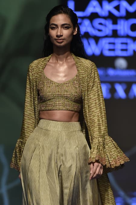 Punit Balana_Green Satin Silk Crop Top V-shaped Neckline Bandhani Print Jacket Pant Set _Online_at_Aza_Fashions