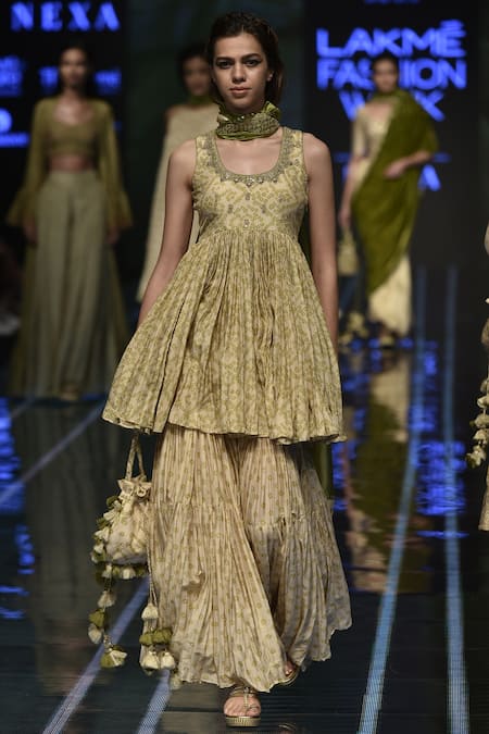 Punit Balana Green Organza, Satin Silk U-neckline Bandhani Print Anarkali Gharara Set 