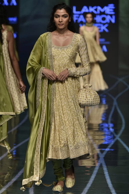 PUNIT BALANA Green Satin Silk Round Printed Anarkali Set 