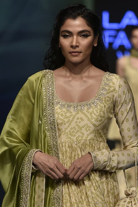 PUNIT BALANA_Green Satin Silk Round Printed Anarkali Set _Online_at_Aza_Fashions