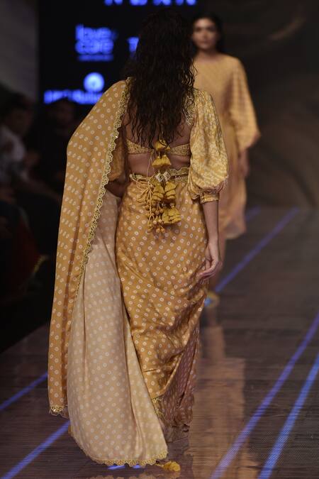 Shop_Punit Balana_Yellow Satin Silk Bandhani Print Saree With Blouse_at_Aza_Fashions