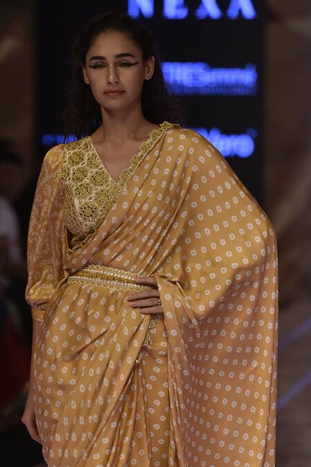 Punit Balana Yellow Satin Silk Bandhani Print Saree With Blouse Online at Aza Fashions Punit Balana_Yellow Satin Silk Bandhani Print Saree With Blouse_Online_at_Aza_Fashions