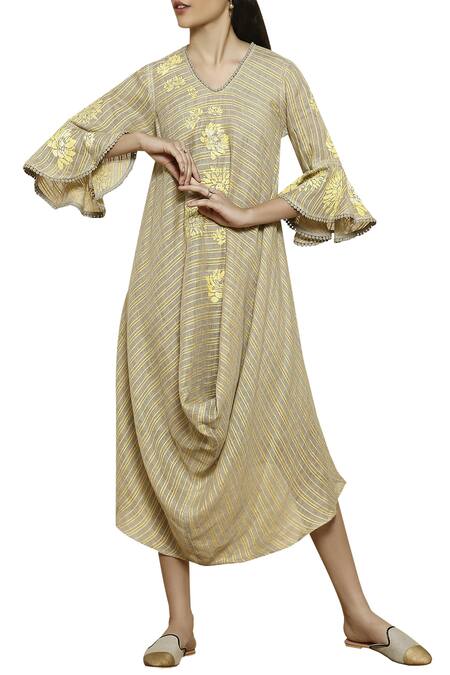 KAVERI Yellow Linen Embroidered Dress