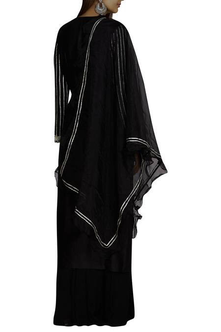 Shop_Neha Khullar_Black Kurta And Palazzo Chanderi Silkdupatta Chiffon Notched Set _at_Aza_Fashions