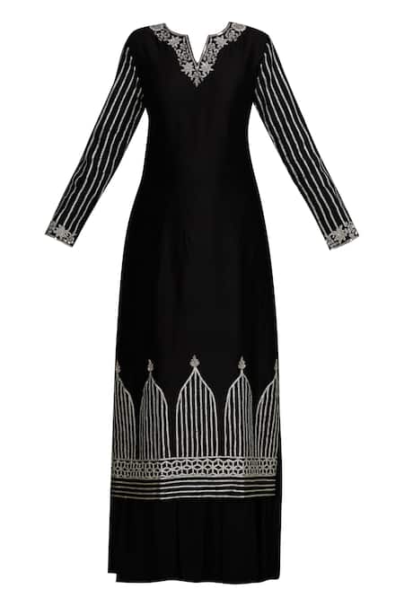 Buy_Neha Khullar_Black Kurta And Palazzo Chanderi Silkdupatta Chiffon Notched Set _Online_at_Aza_Fashions