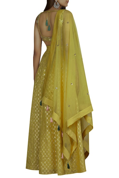Shop Neha Khullar Yellow Net, Chiffon, Chanderi Silk Square Neck Lehenga Set at Aza Fashions Shop_Neha Khullar_Yellow Net, Chiffon, Chanderi Silk Square Neck Lehenga Set _at_Aza_Fashions