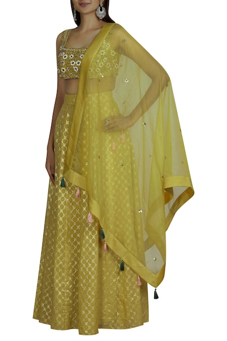 Buy Neha Khullar Yellow Net, Chiffon, Chanderi Silk Square Neck Lehenga Set Online at Aza Fashions Buy_Neha Khullar_Yellow Net, Chiffon, Chanderi Silk Square Neck Lehenga Set _Online_at_Aza_Fashions