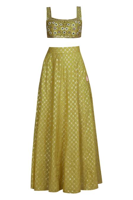 Shop Neha Khullar Yellow Net, Chiffon, Chanderi Silk Square Neck Lehenga Set Online at Aza Fashions Shop_Neha Khullar_Yellow Net, Chiffon, Chanderi Silk Square Neck Lehenga Set _Online_at_Aza_Fashions