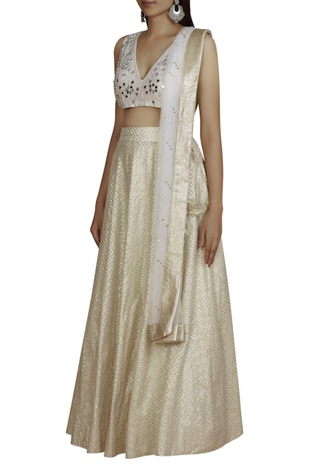 Buy Glam Gold Lehenga Set In Foil Knit Fabric With Embroidered Blouse