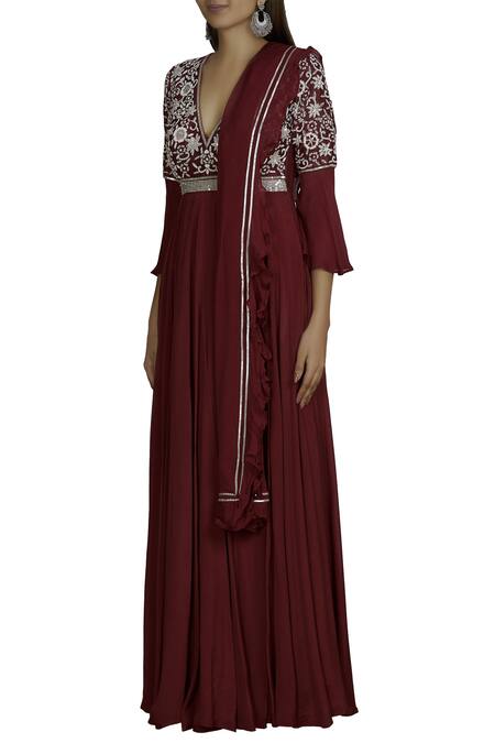 Neha Khullar Maroon Anarkali Chiffondupatta Net Organza V Neck Chanderi With Dupatta Online at Aza Fashions Neha Khullar_Maroon Anarkali Chiffondupatta Net Organza V Neck Chanderi With Dupatta _Online_at_Aza_Fashions
