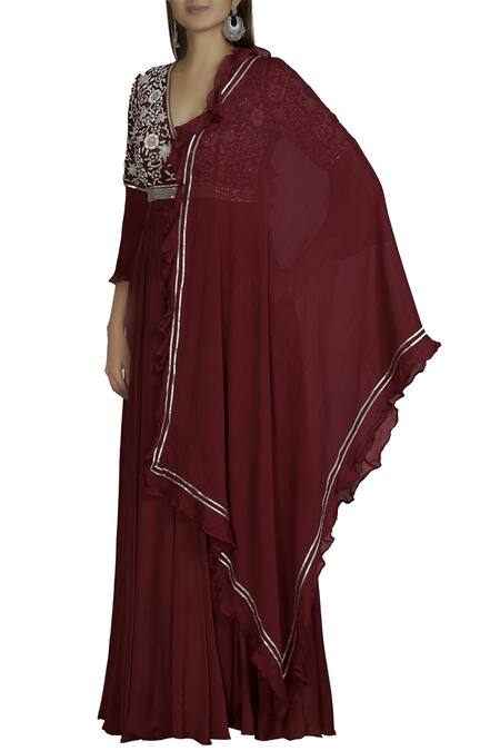 Buy Neha Khullar Maroon Anarkali Chiffondupatta Net Organza V Neck Chanderi With Dupatta Online at Aza Fashions Buy_Neha Khullar_Maroon Anarkali Chiffondupatta Net Organza V Neck Chanderi With Dupatta _Online_at_Aza_Fashions