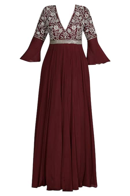 Shop Neha Khullar Maroon Anarkali Chiffondupatta Net Organza V Neck Chanderi With Dupatta Online at Aza Fashions Shop_Neha Khullar_Maroon Anarkali Chiffondupatta Net Organza V Neck Chanderi With Dupatta _Online_at_Aza_Fashions
