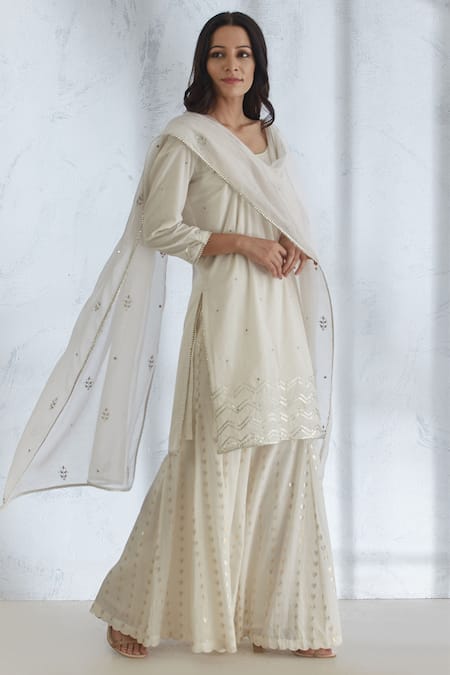 Sharara With Golden Piping-Pearl White